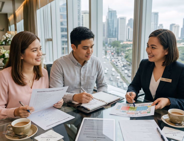 Filipino couple consulting with a hotel wedding coordinator over a venue floor plan at a modern hotel showroom in Makati