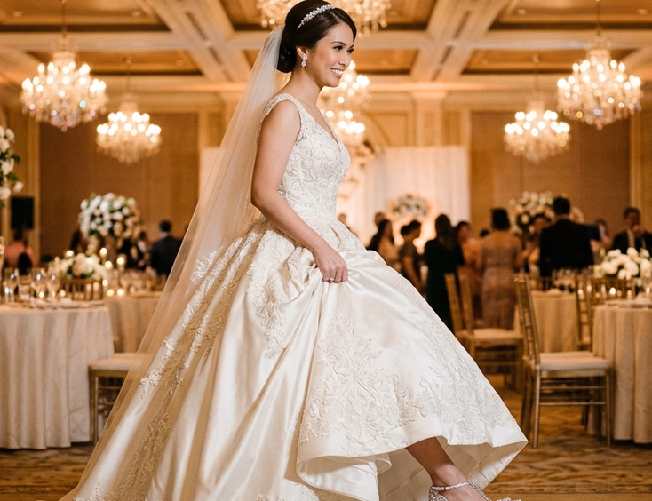 Filipino bride at a Makati hotel ballroom entrance lifting her ivory satin ball gown to reveal crystal-embellished stiletto pumps under glowing chandeliers and warm cinematic light