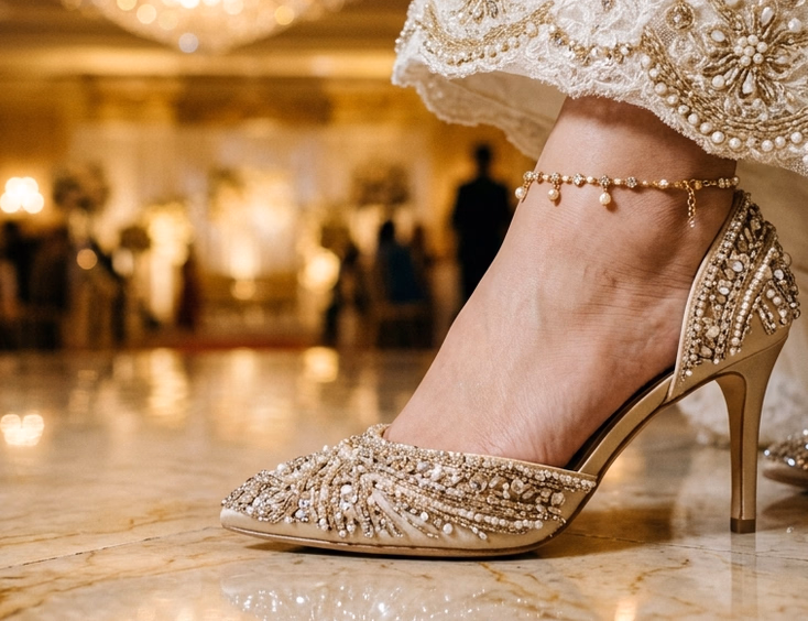 Close-up of a Filipino bride's champagne gold crystal-beaded pump on a polished marble ballroom floor with reflected chandelier light scattering across the crystals