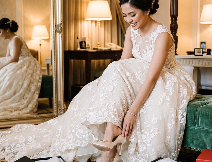 Filipino bride trying on ivory satin pointed-toe pumps from a designer shoebox on a velvet ottoman at Peninsula Manila, reflected in a full-length mirror in soft warm light