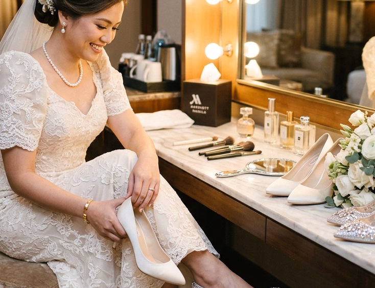 Filipino bride at a Marriott Manila bridal suite vanity swapping ivory church pumps for crystal-embellished evening stilettos, with both pairs resting beside a white rose bouquet