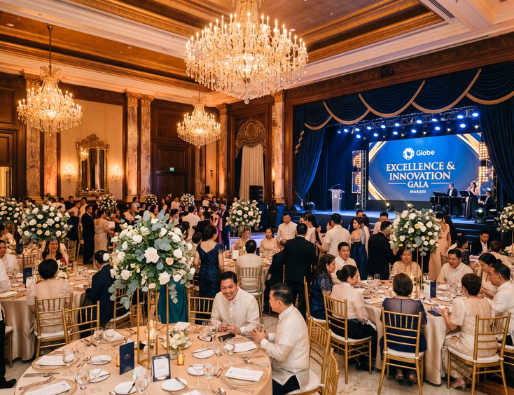 Wide shot of an elegant Filipino corporate event in a Makati ballroom with guests, champagne linens, and a company logo on stage.