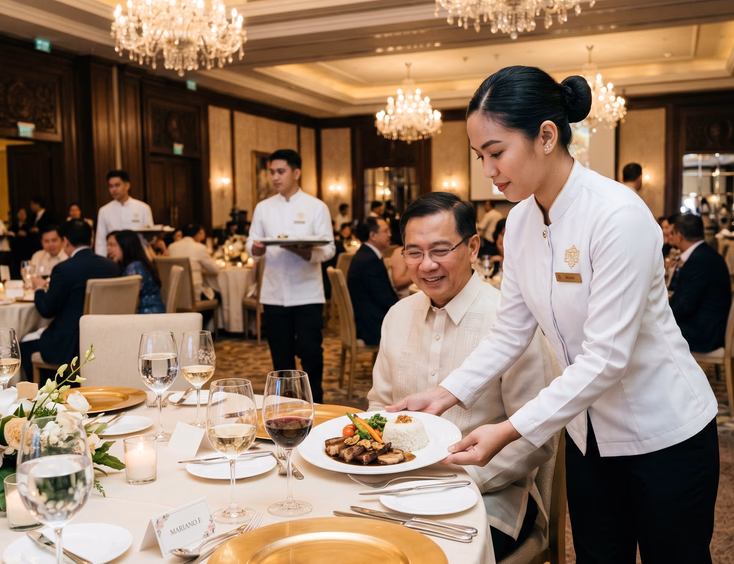 Plated dinner service at a Filipino corporate event with a Filipina server presenting a beef dish to a seated guest in a hotel ballroom.