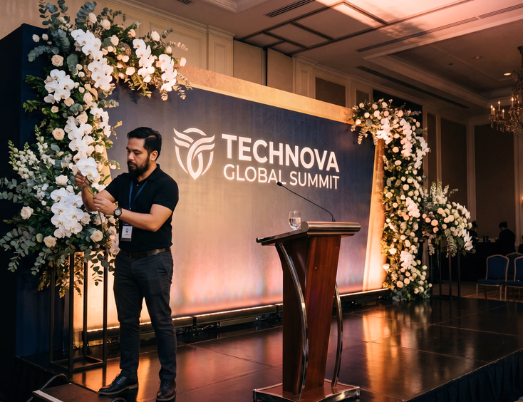 Corporate event stage design in a hotel ballroom with a custom logo backdrop, floral installations of orchids and eucalyptus, and warm lighting.