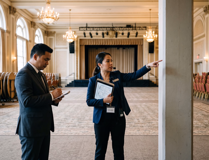 Filipina event planner inspecting a hotel ballroom with a floor plan and tablet, pointing to a pillar, before a corporate event.