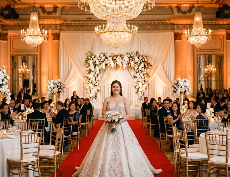 Filipino debutante in ivory ballgown walks down red carpet aisle in luxurious ballroom with chandeliers, floral decor, and guests.