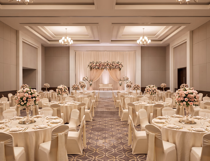 Wide view of a mid-range Metro Manila hotel ballroom set up for a Filipino debut with blush floral centerpieces and stage backdrop.