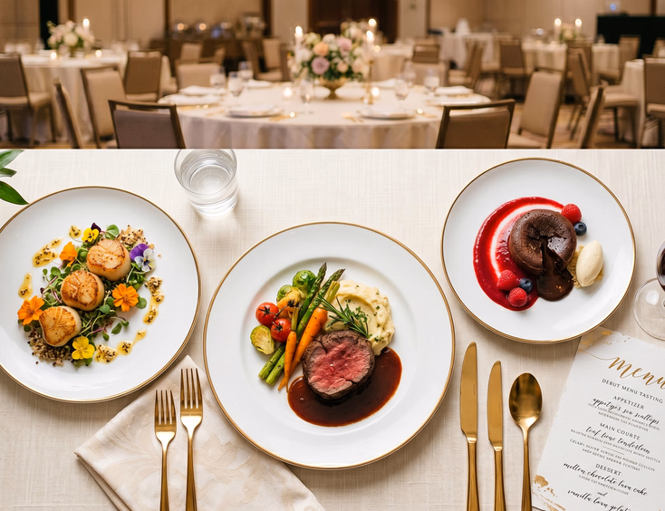 Overhead shot of a plated three-course Filipino debut menu tasting featuring scallops, beef tenderloin, and chocolate lava cake.