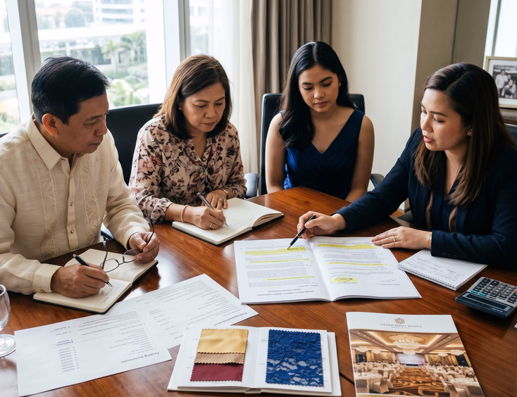 Filipino debutante and parents review a venue contract with an event coordinator at a conference table with price breakdowns.