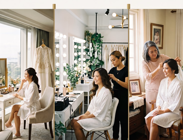 Split-scene showing three different Filipino wedding preparation venues: a hotel suite, a styling studio, and a family home.