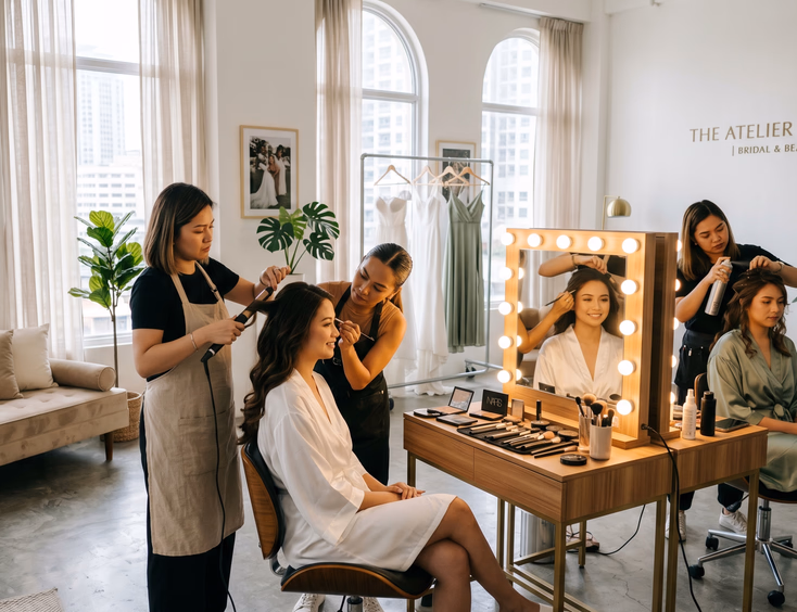 Filipino bride getting her hair and makeup done inside a modern bridal styling studio in Metro Manila.