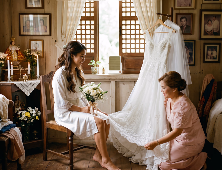 Filipino bride preparing for her wedding inside a traditional family home with her mother adjusting the gown.