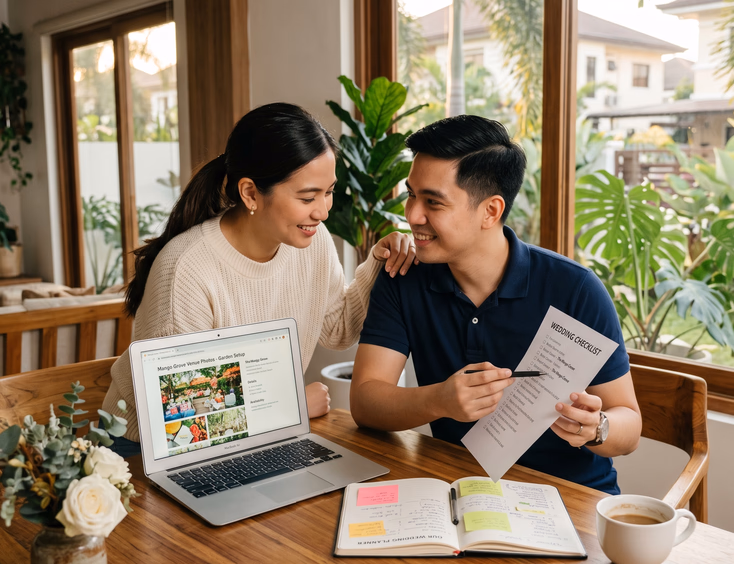Filipino couple planning their wedding venue and checklist on a laptop inside a sunlit modern home.