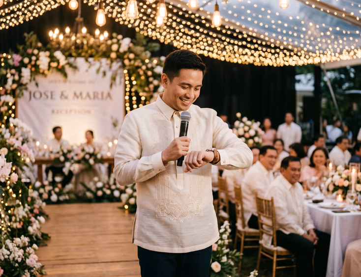 Filipino male wedding host in cream barong tagalog checking wristwatch while smiling on reception stage with guests and string lights in background