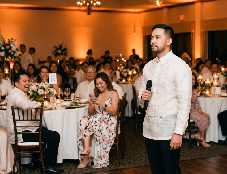 Filipino male wedding emcee scanning crowd on reception dance floor holding wireless microphone with guests at round tables in warm amber lighting