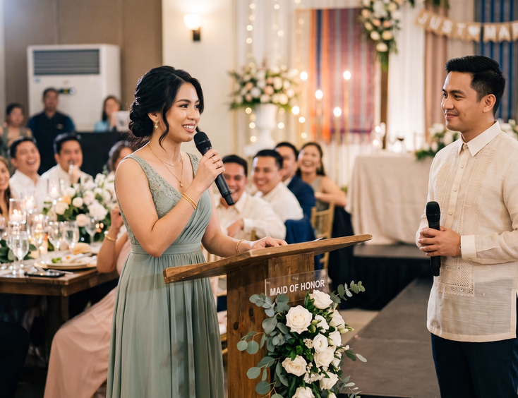 Filipina maid of honor speaking at wedding reception podium beside smiling Filipino male host with microphone in front of seated guests