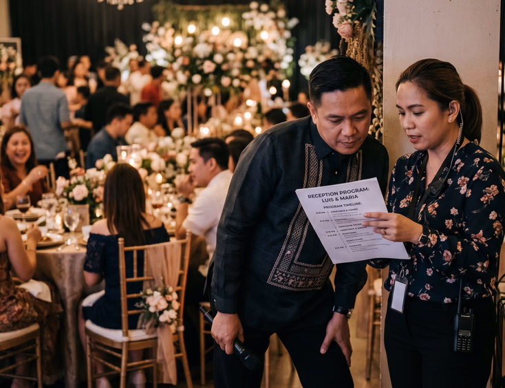 Filipino wedding host and coordinator reviewing printed program sheet together at side of reception hall with guests blurred in background