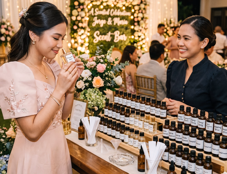 Filipino wedding guest smelling a glass perfume bottle at a scent bar station with labeled fragrance oils and a smiling host across the table at a reception