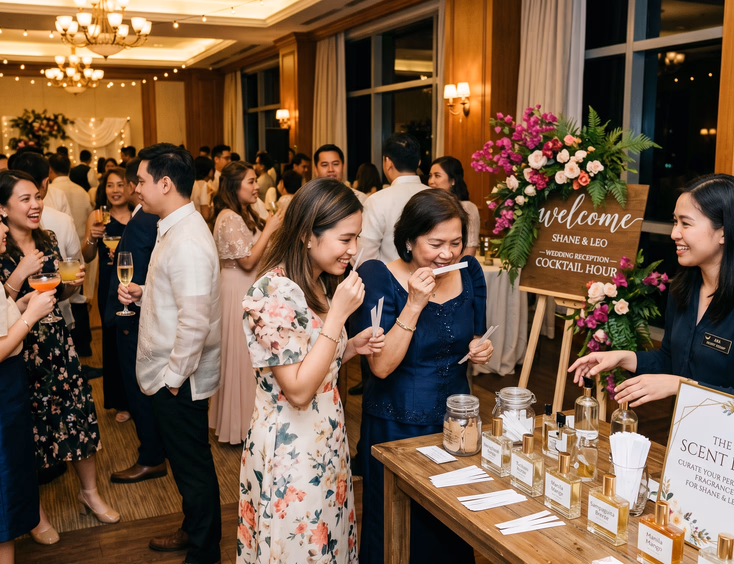 Filipino wedding cocktail hour guests smelling scent strips at a scent bar table in a hotel function room guided by a host with floral arrangements and welcome sign nearby
