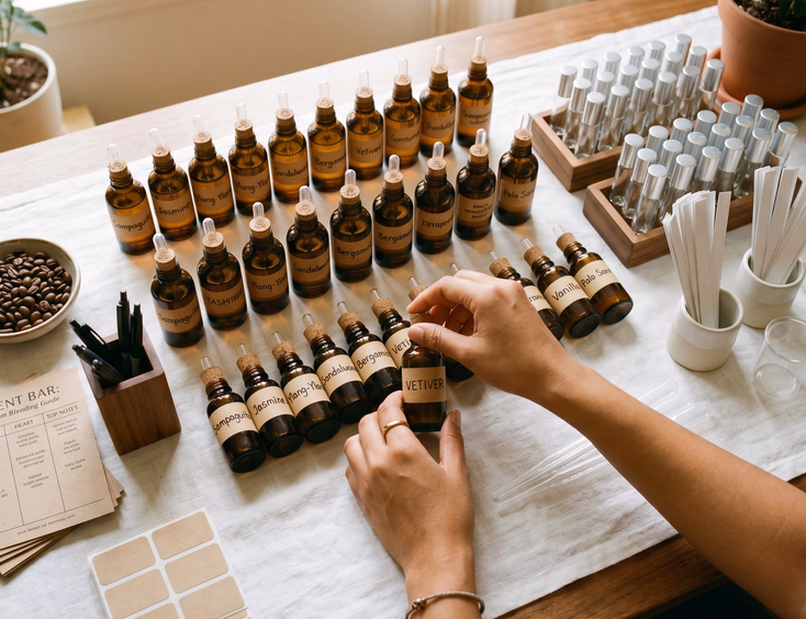 Overhead flat lay of a wedding scent bar table setup with labeled fragrance oil bottles, glass rollerball bottles, pipettes, scent strips, coffee beans, and blending guide cards on white linen