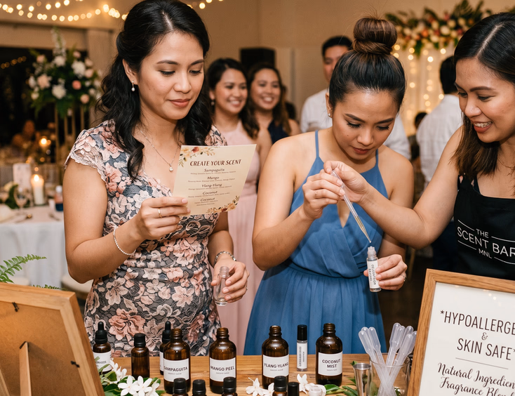 Filipino wedding guest reading a printed ingredient card at a hypoallergenic scent bar station while another guest blends fragrance oils with a pipette assisted by a host