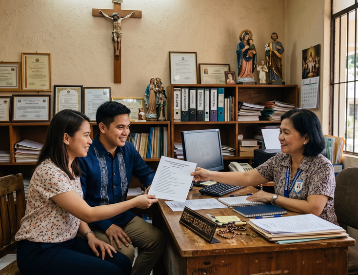 Filipino couple receiving wedding requirements checklist from parish secretary inside Catholic church office