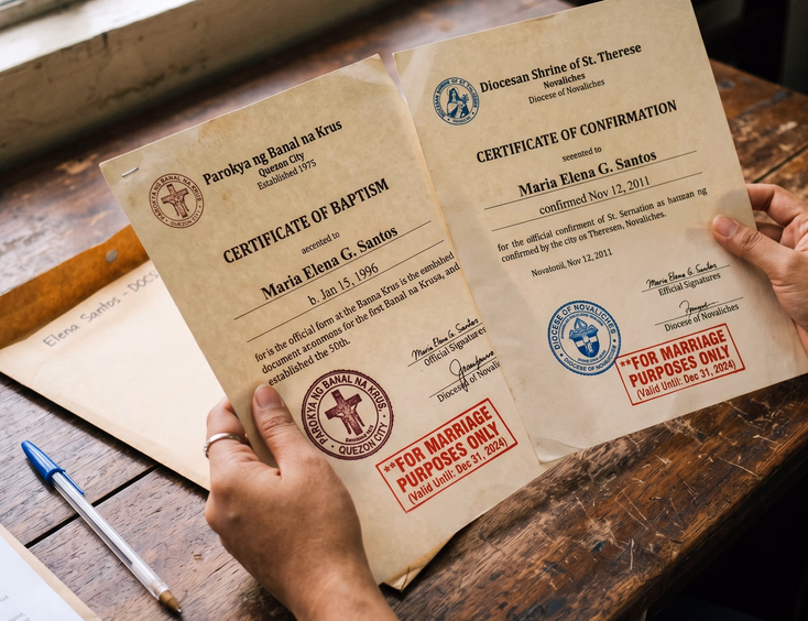 Close-up of Filipino hands holding church certificates with parish seals stamped for marriage purposes