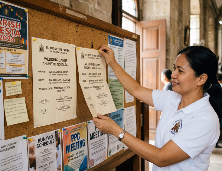 Wedding banns announcement pinned to Catholic church bulletin board with Filipino volunteer posting second copy