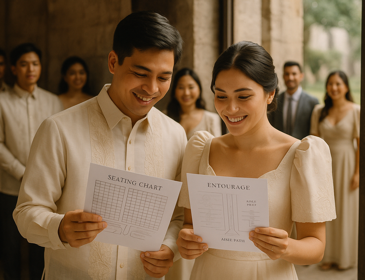 Young Filipino couple reviewing an entourage plan with chairs and an aisle map at a church entrance