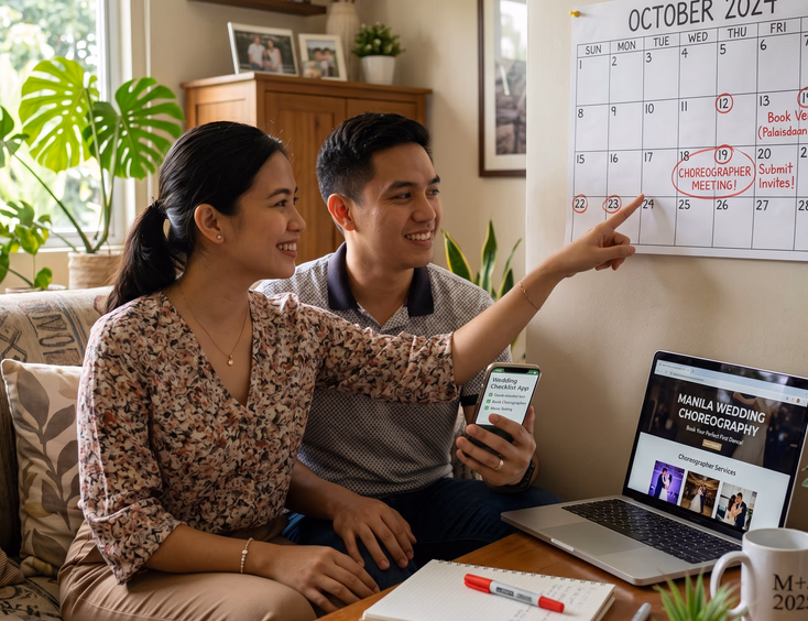 Filipino couple on a couch planning their wedding dance, the woman pointing at a circled date on a wall calendar while the man checks a wedding checklist app, with a choreographer website open on the desk laptop