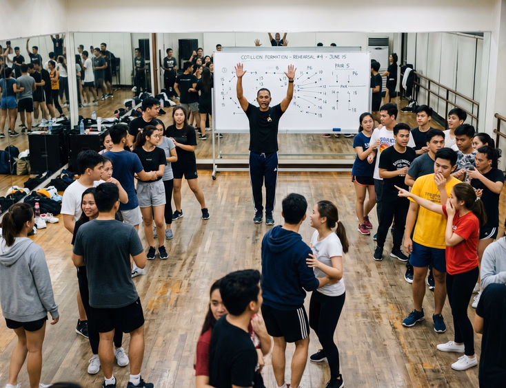 Wide shot of a Filipino cotillion rehearsal with dancers in casual clothes checking their formation spacing while a choreographer at the front demonstrates a step beside a whiteboard showing a numbered formation diagram