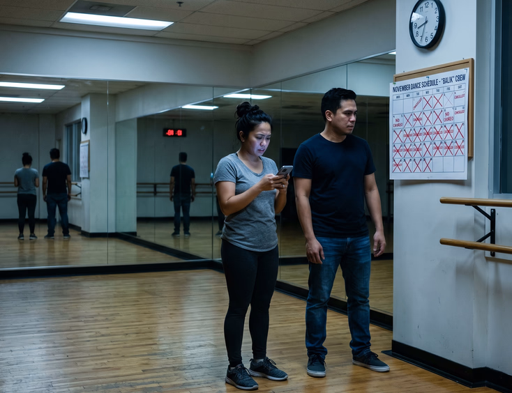 Stressed Filipino couple standing alone in an empty dance studio, the woman checking her phone and the man reviewing a crossed-out printed calendar, reflected in wall mirrors under cool overhead lighting