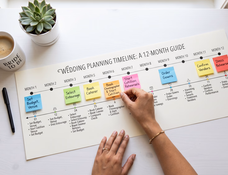 Flat lay of a twelve-month wedding planning timeline with colored sticky notes labeled with tasks like book choreographer and start cotillion rehearsals, with a Filipino woman's hand placing a note at the six-month mark