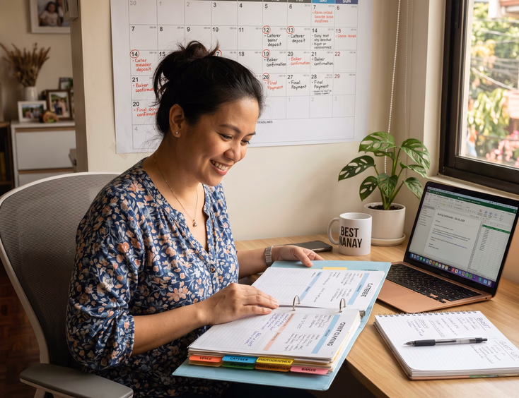 A Filipina mother organizes birthday planning at her desk with a 12-month wall calendar marked with supplier deadlines and a planning binder.