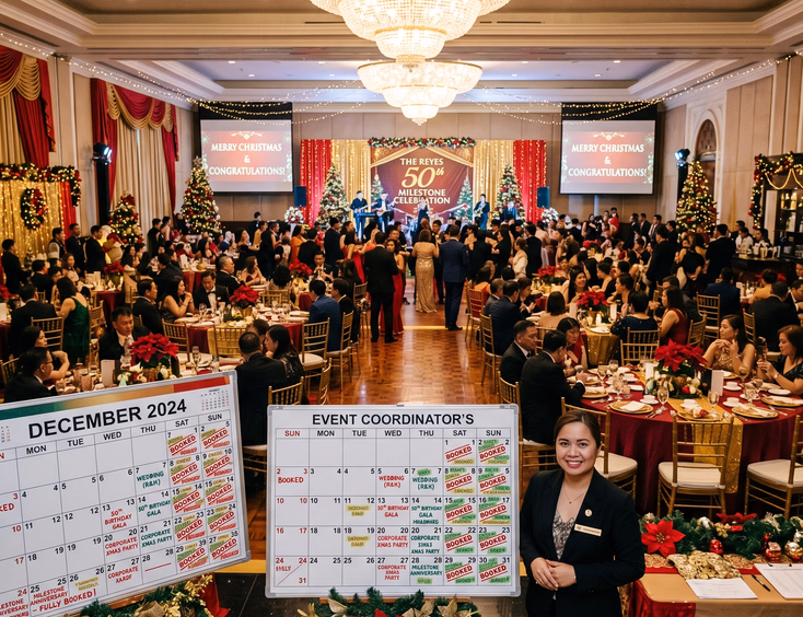 A fully booked event coordinator's wall calendar is visible at the entrance of a festive hotel ballroom in December in the Philippines.