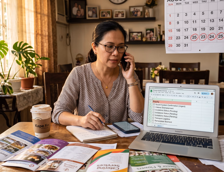 A Filipina mother makes urgent birthday calls surrounded by supplier brochures and a calendar with upcoming dates circled in red.