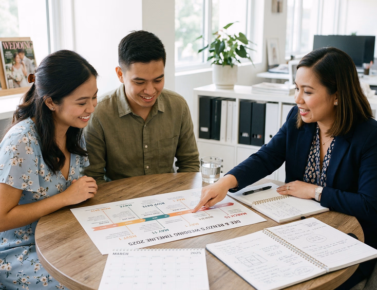 Filipino couple reviewing wedding timeline and calendar with female wedding coordinator at modern planning office