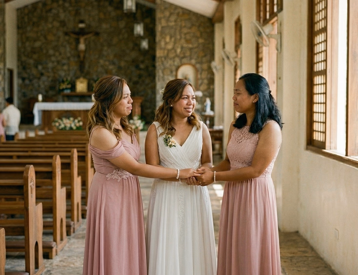 Filipina bride in white gown holding hands with two bridesmaids in dusty rose Filipiniana-inspired gowns in the aisle of a sunlit Philippine church with capiz windows