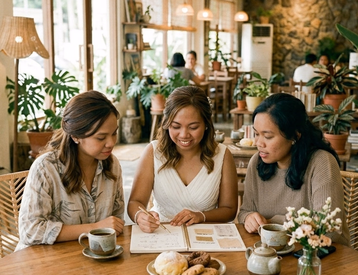 Filipina bride and two bridesmaids reviewing a handwritten wedding planning notebook at a bright Manila cafe with rattan furniture and natural light