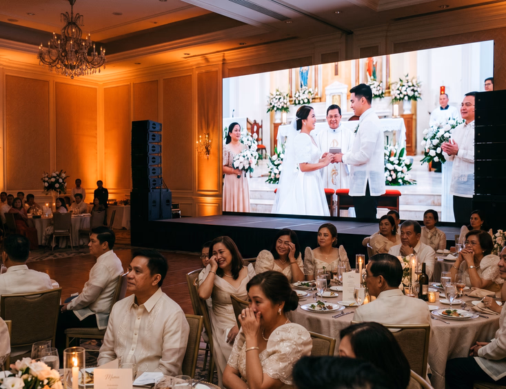 Filipino wedding reception guests watching same-day edit video on full-width LED wall with emotional expressions and warm amber ballroom uplighting