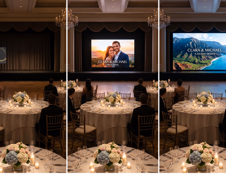 Side-by-side comparison of small, medium, and large LED wall sizes inside the same hotel ballroom with round tables for scale reference
