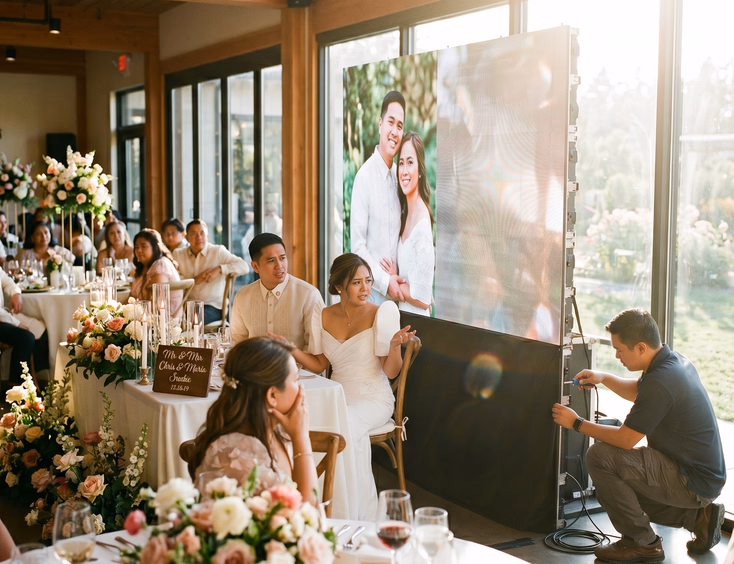 Filipino wedding reception LED wall with visible sunlight glare washing out half the screen while couple and technician react at head table