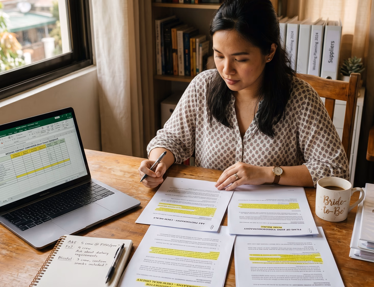 Filipino bride reviewing wedding supplier contracts with highlighted crew meal clauses at a desk.