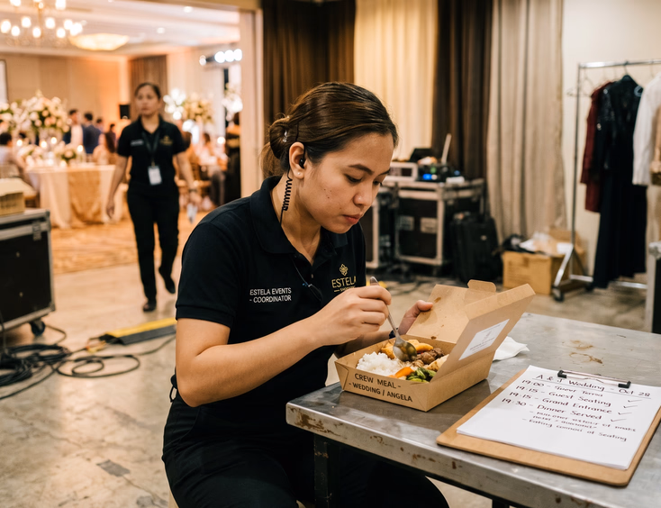 Filipino wedding coordinator eating a boxed crew meal backstage at a venue.