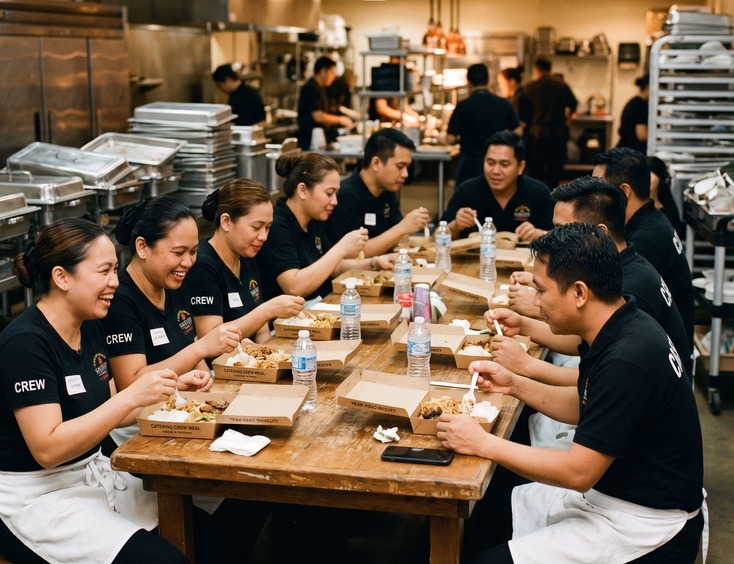 Filipino catering crew members eating boxed crew meals together back-of-house after shift.