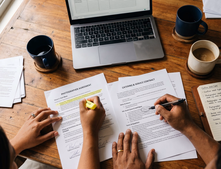 Close-up of a Filipino couple's hands comparing and highlighting crew meal clauses in wedding contracts.