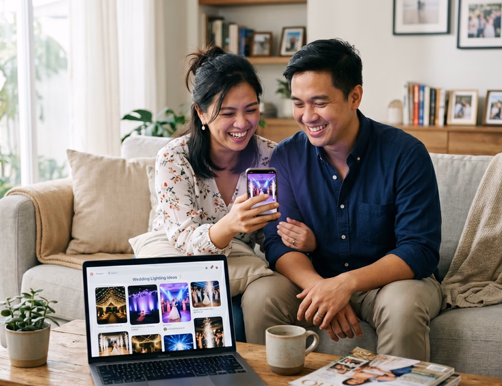 Filipino couple browsing wedding cold spark and uplighting Instagram reels and Pinterest board together on couch in modern living room