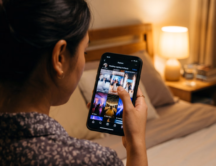 Close-up over-the-shoulder view of Filipino woman scrolling through wedding lighting Instagram reels featuring fog machines, LED walls, and cold pyro thumbnails