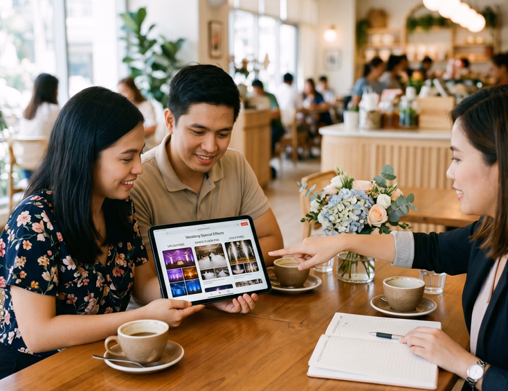 Filipino couple showing wedding lighting Pinterest board to planner at cafe table with uplighting, fog, and cold pyro inspiration pins