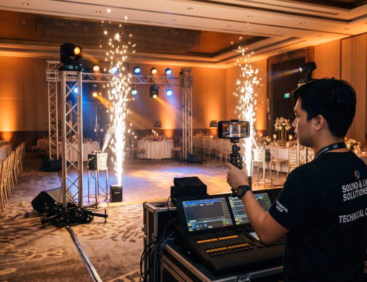 Filipino lights and sounds supplier filming behind-the-scenes smartphone video of cold spark machines and moving head lights inside empty wedding reception ballroom